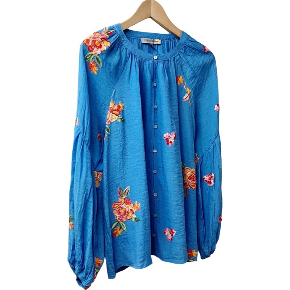 Figueroa & Flower Womens Embroidered Blouse SIZE Large Blue Balloon Sleeves NEW - Picture 8 of 14